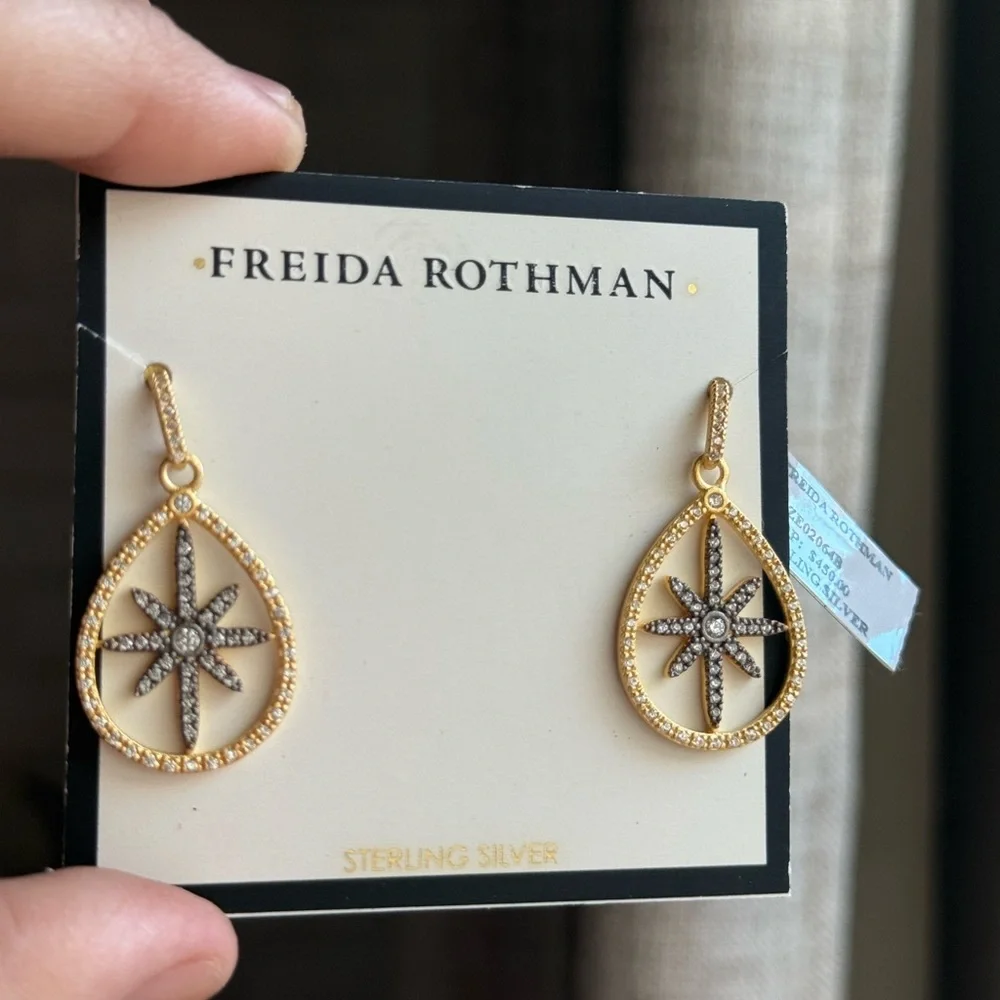 NWT Freida Rothman matte Gold and black with pave Starburst Earrings - Picture 3 of 4